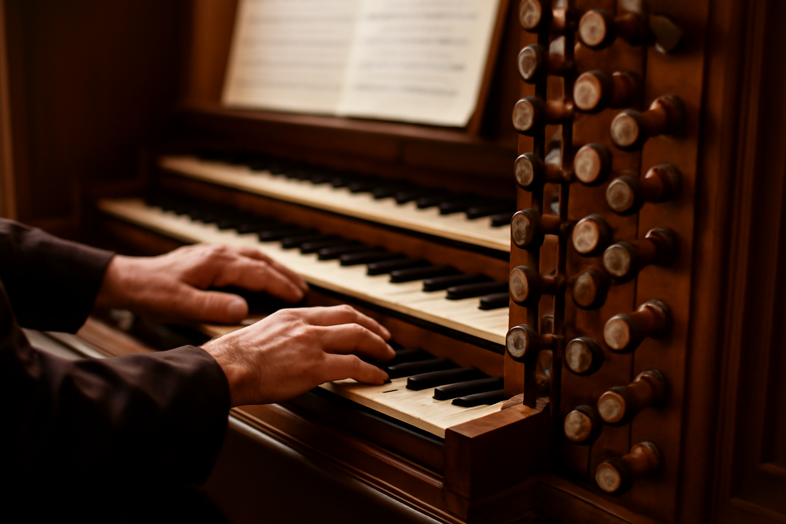 Tangan pemain orgel di atas tuts konsol dengan stop kayu di sekitarnya